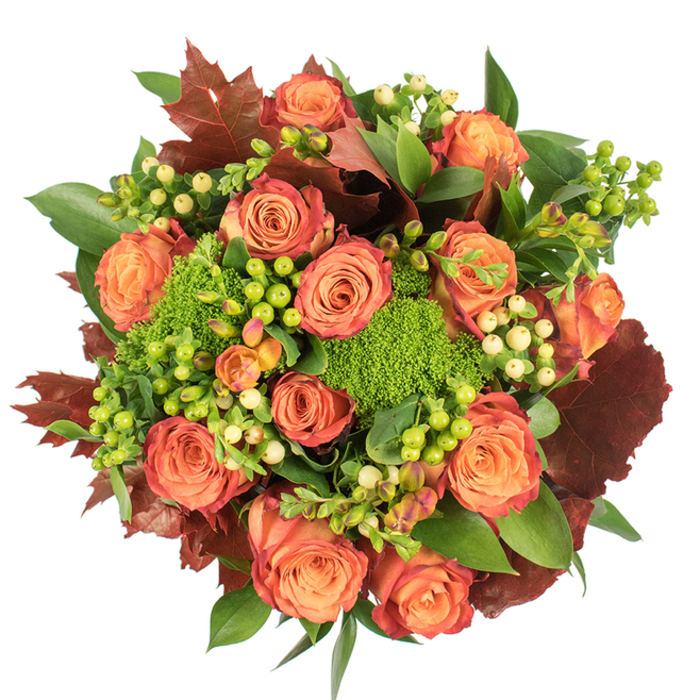 Viewed from above on a stark white surface, this fall-inspired arrangement reads like a small landscape of autumn warmth and texture, crafted with the care of an Enfield florist familiar with local tastes. A dense circle of fully opened roses forms the visual centre; their petals flow from soft peach and coral at the heart to intense orange and russet at the edges, producing a gentle ombre that mimics turning leaves. Interspersed among these roses are glossy clusters of Hypericum berries - some electric lime, others a subtle creamy yellow - whose rounded forms create lively, tactile points of interest. Textural contrast comes from vivid Green Trick dianthus, sprouting like plush, emerald cushions that invite touch and add verdant energy. Deep, burnt-red to burgundy leaves, shaped like large maple lobes, are artfully placed to anchor the arrangement and deepen the autumnal feeling, while broad fresh green foliage provides a lush supporting canvas that reflects soft, diffuse light. The bouquet suggests a quiet scent of warm rose balanced by subtle earthy notes, conjuring memories of market mornings on Fore Street or strolls through Forty Hall's estate. Finished without a visible vase, it reads as an intimate seasonal centrepiece for Thanksgiving, a welcoming gift for neighbours in Palmers Green, or a thoughtful offering to brighten an Enfield home. Competent, considered and richly layered, this arrangement balances colour, scent and texture to convey gratitude and comfort in equal measure for autumn celebrations.