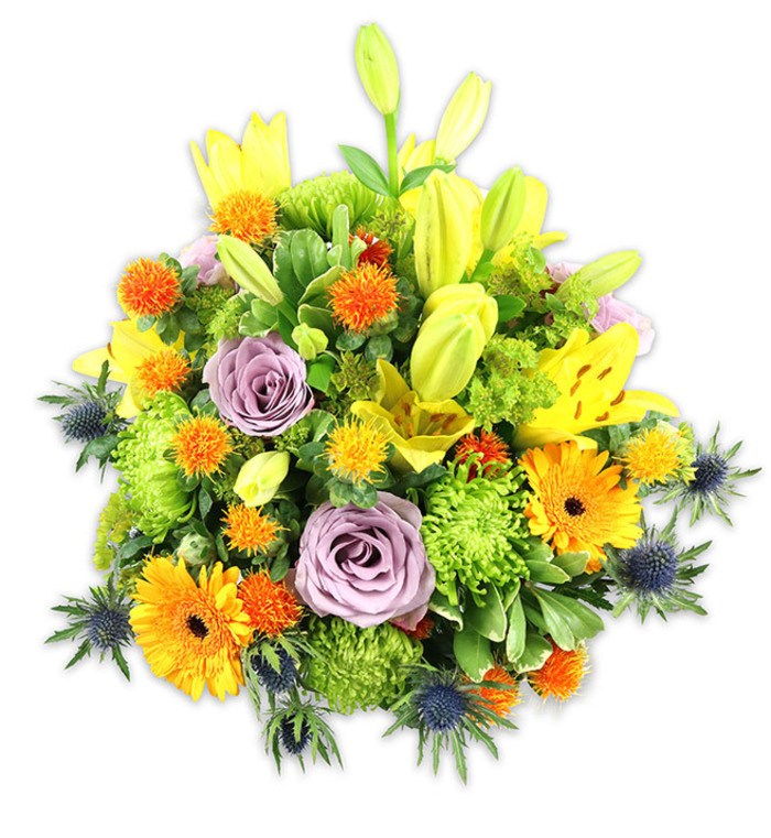 A vibrant, expertly arranged floral composition sits against a crisp white field, inviting visual and sensory exploration much like a walk through Trent Park on a sunny afternoon. The arrangement's dominant thread is warm yellow and orange: several radiant yellow Asiatic lilies reach skyward-some open and freckled, others as poised buds-providing sculptural height and a soft, honeyed scent that one can almost imagine. Bright orange Gerbera daisies fan their flat petals outward, each dark-centred bloom acting as a joyful focal point, while tender lavender-purple roses are placed with intention near the centre, their velvety spirals offering a cool, romantic pause among the energetic hues. Abundant lime-green button chrysanthemums or similar pom-pom flowers create a plush, textured foundation, giving the bouquet a full, garden-fresh mound. Interspersed are smaller, spiky-surfaced orange and golden globe accents that animate the surface with lively points of interest. Several blue-grey Eryngium thistles project from the sides and lower plane, their architectural, starry bracts offering a striking contrast in both color and form that brings a modern, rustic accent to the composition. A varied palette of foliage-from broad, glossy lily leaves to delicate filler greens-frames and supports the blooms, creating depth and natural rhythm. Under soft, diffused lighting the colours remain vivid and true, and the overall effect is celebratory and comforting, ideal for marking anniversaries, brightening a kitchen in Enfield Chase, or sending as a warm message to someone at Chase Farm Hospital.